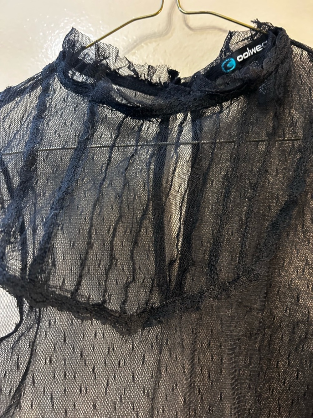 Sheer Black Ruffle-Neck Cap Sleeve Blouse - Picture 4 of 7